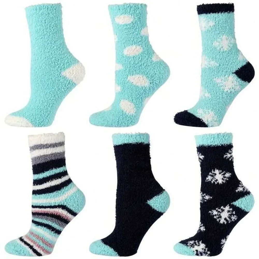 Women’s 6 Pack Fuzzy Warm Slipper Socks Soft Plush Winter Cozy Size 9-11